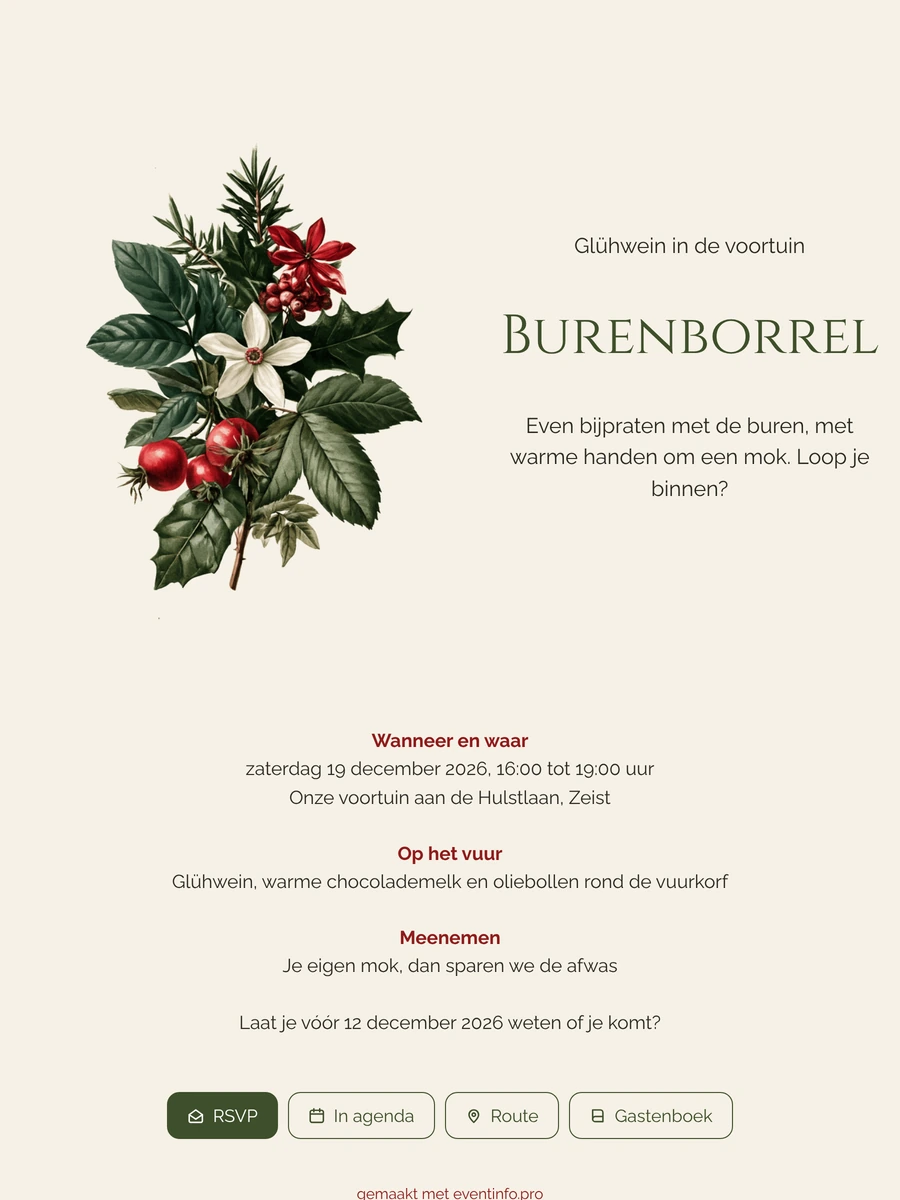 Uitnodiging voor een burenborrel met hulst maken