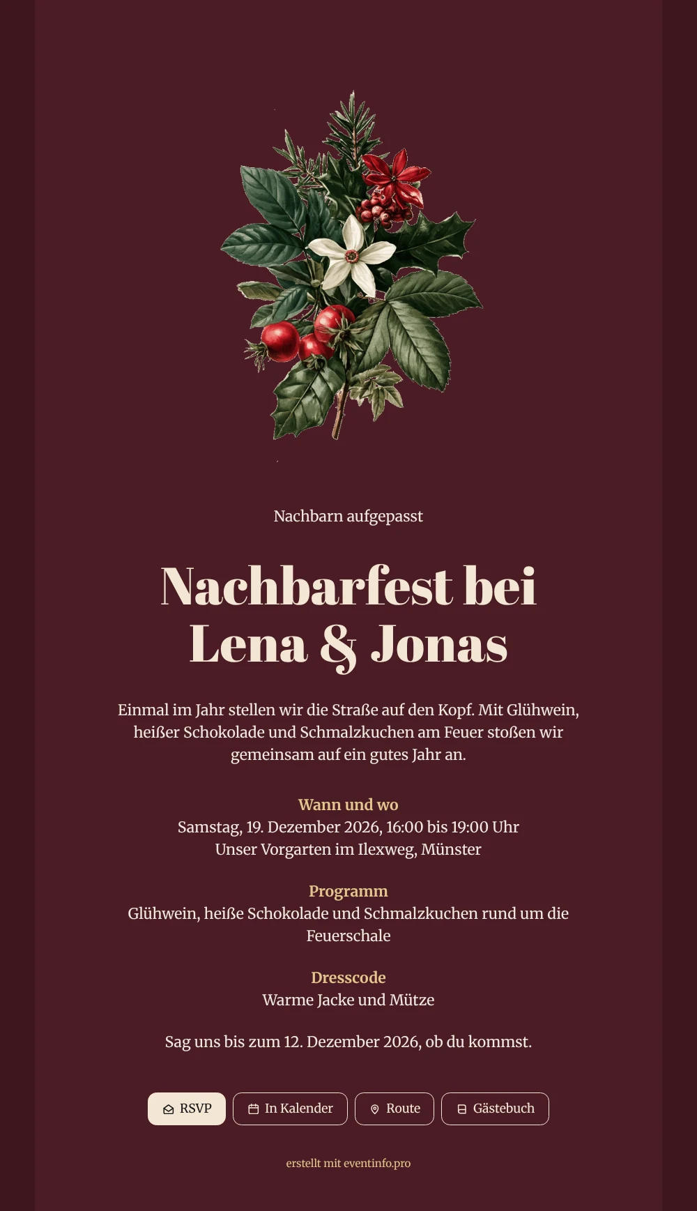 Weinrote Weihnachtseinladung für Nachbarn erstellen &ndash; Beispiel 1