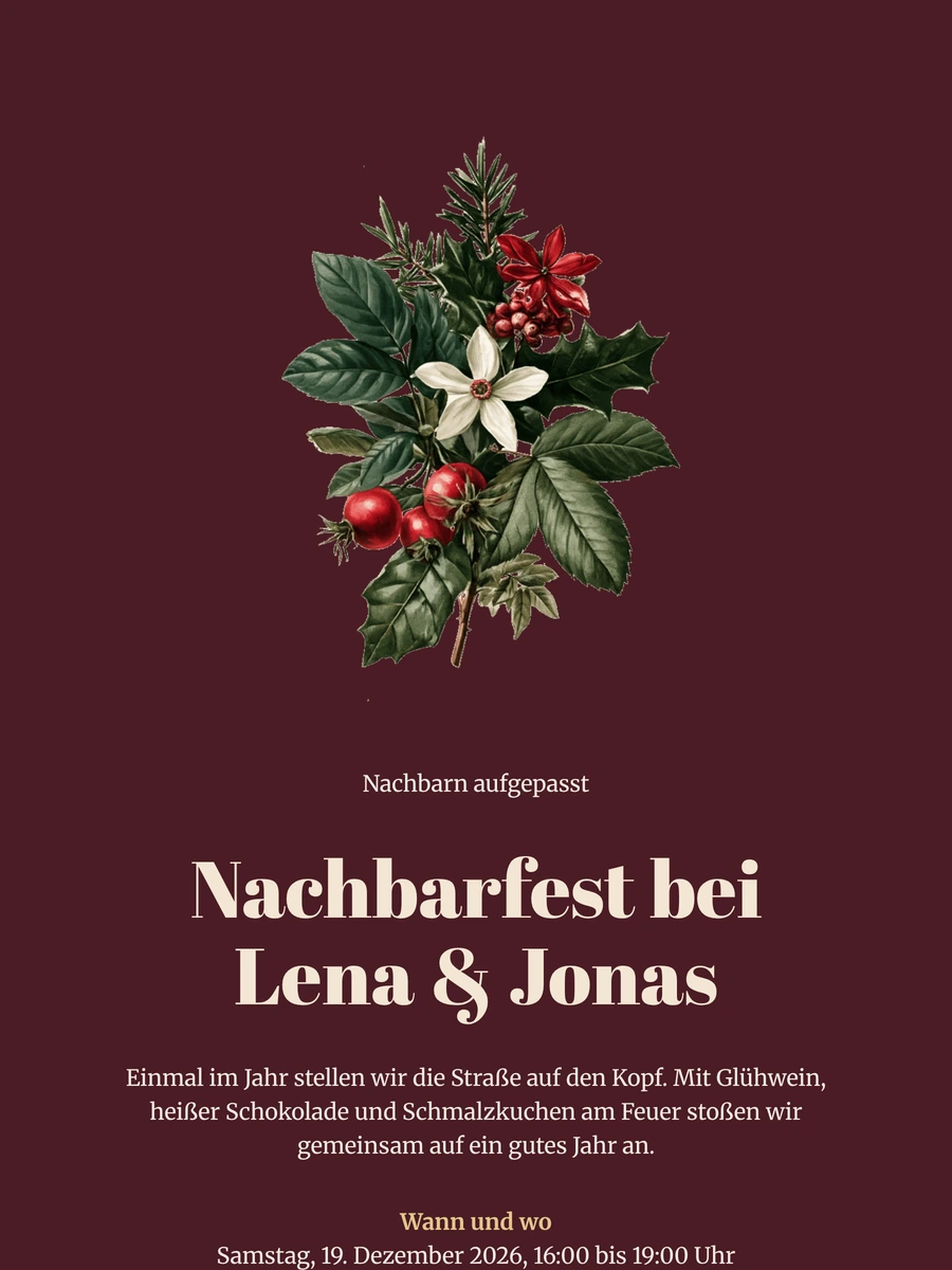 Weinrote Weihnachtseinladung für Nachbarn erstellen