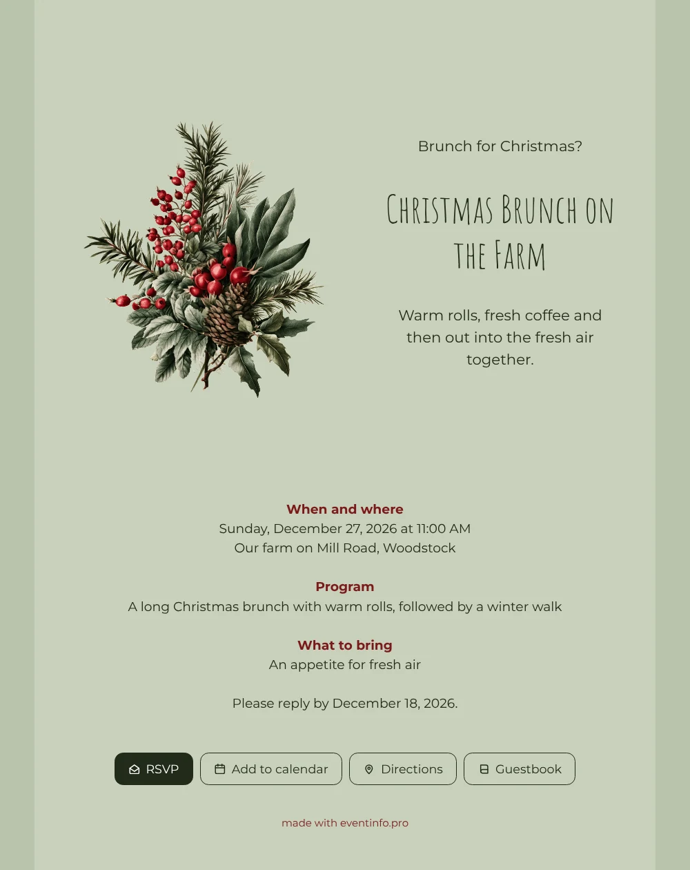 Create a sage green Christmas brunch invite &ndash; example 1