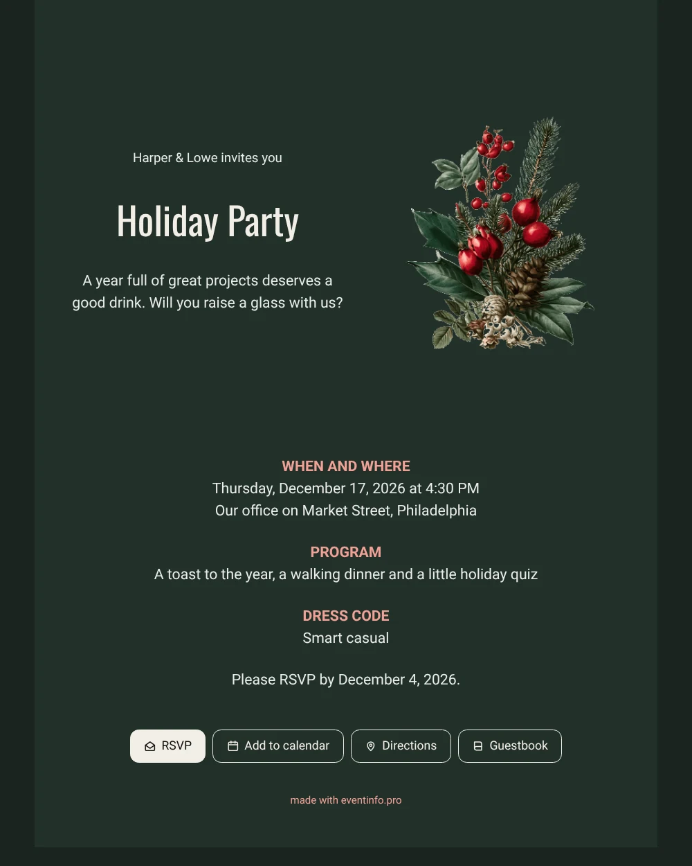 Send a dark green company holiday invitation &ndash; example 1