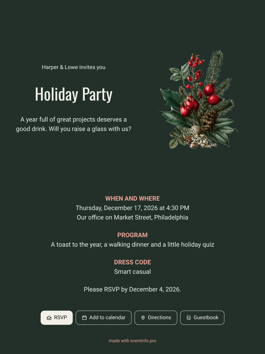 Send a dark green company holiday invitation
