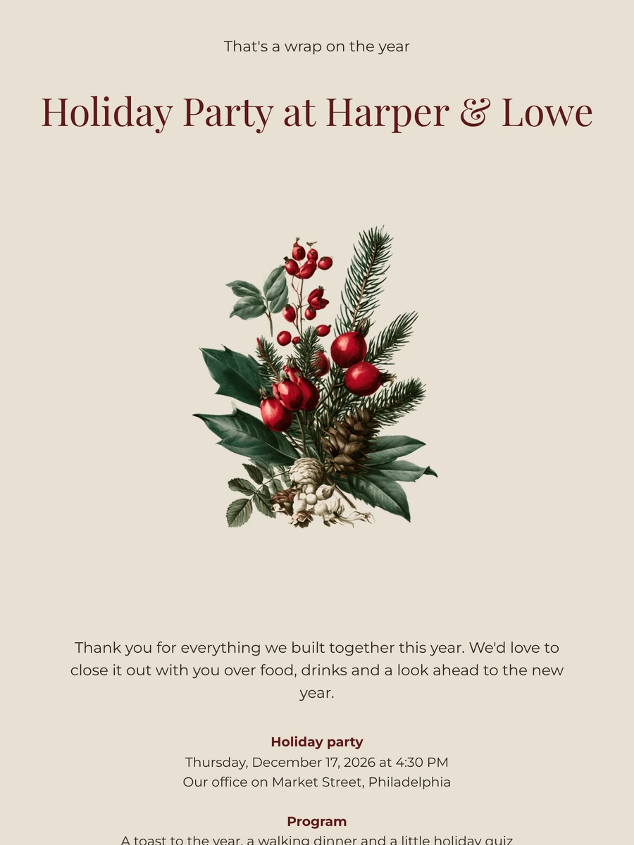 Create a sand and burgundy company invitation