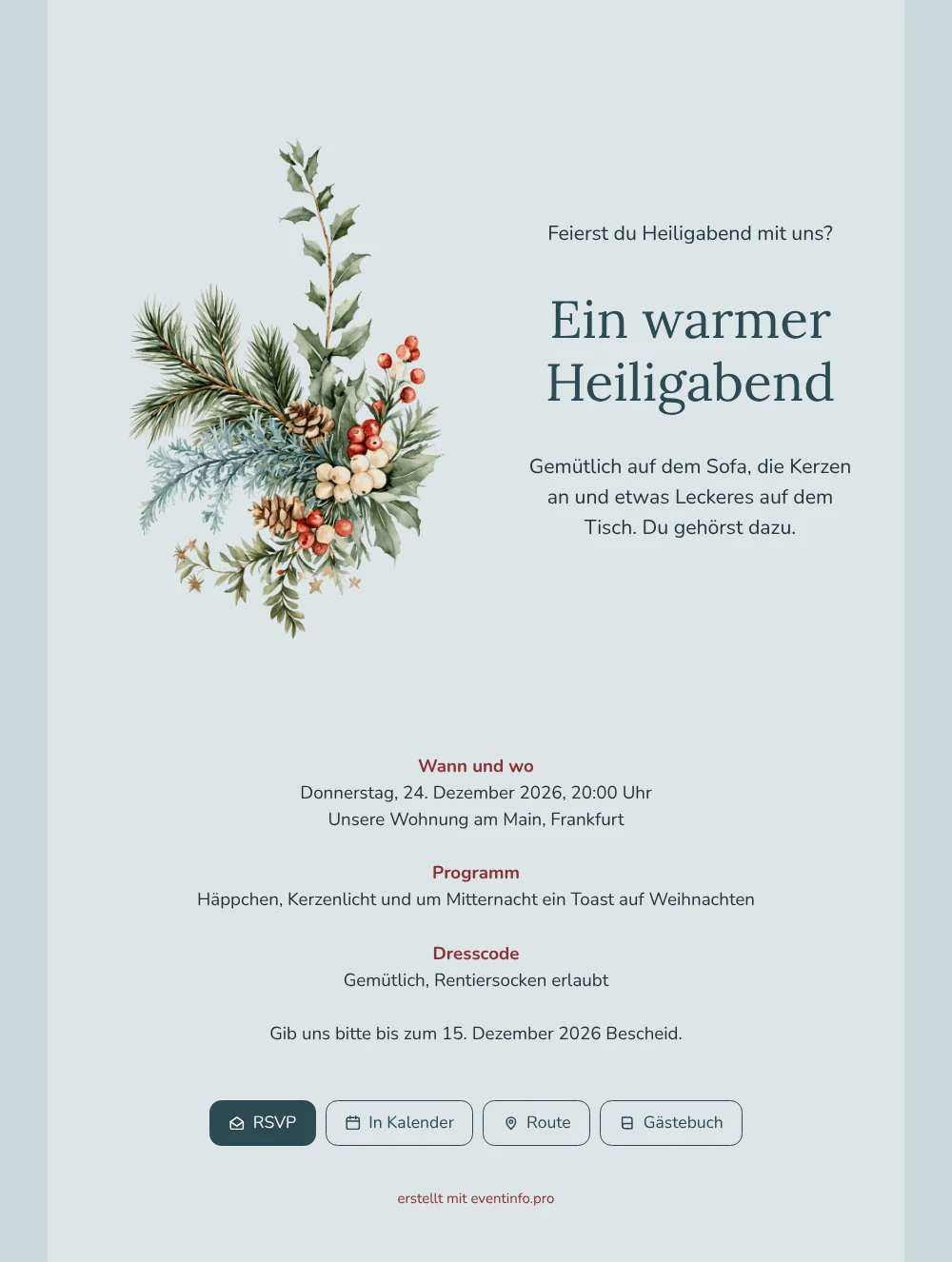 Gemütliche Weihnachtseinladung in Eisblau versenden &ndash; Beispiel 1