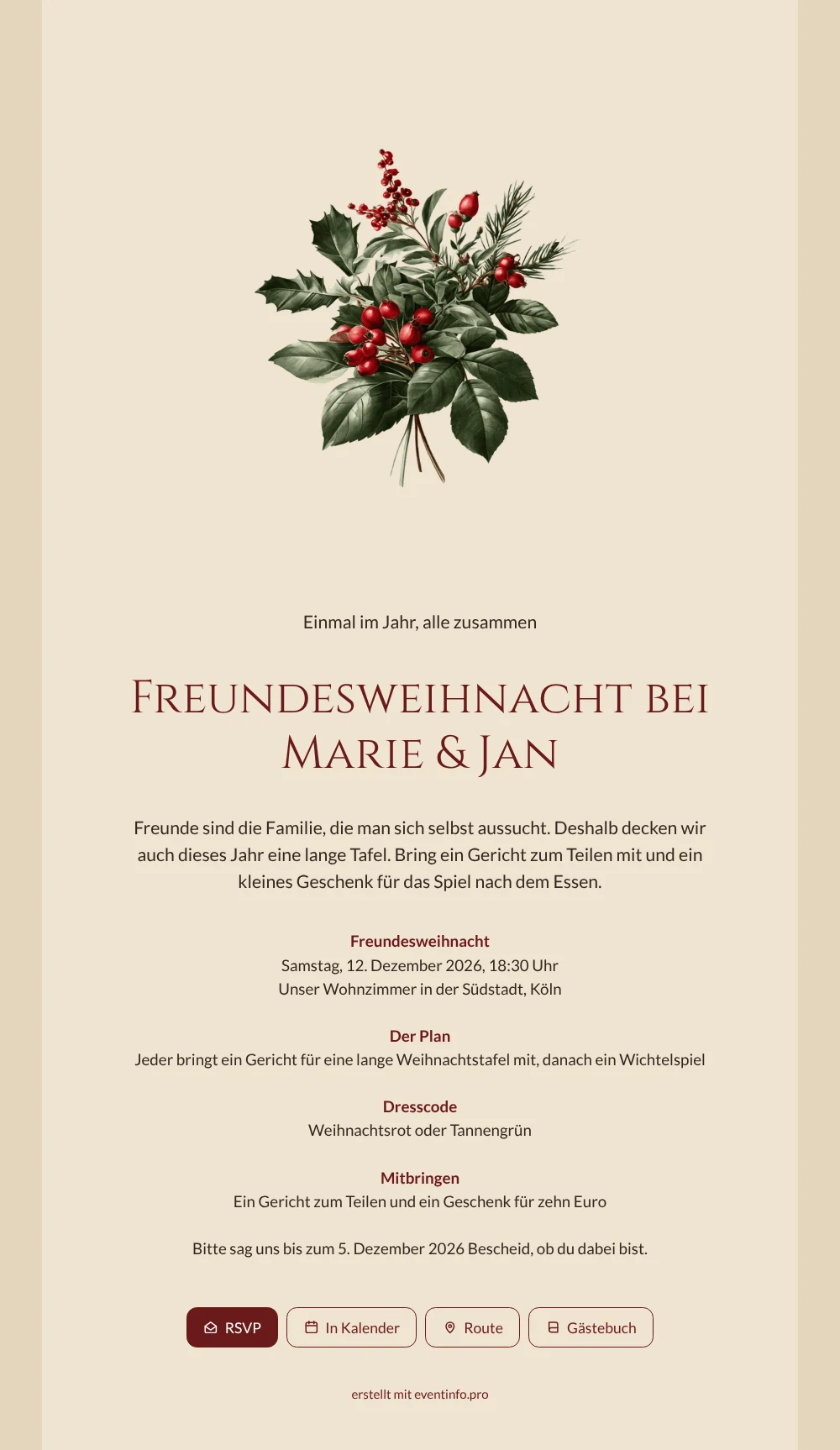 Weihnachtseinladung mit Stechpalmenstrauß für Freunde erstellen &ndash; Beispiel 1