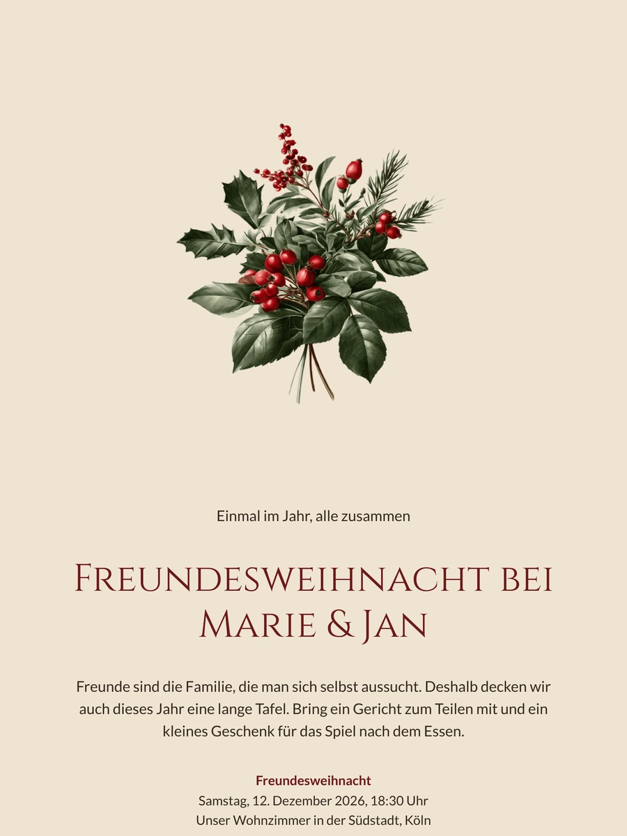 Weihnachtseinladung mit Stechpalmenstrauß für Freunde erstellen