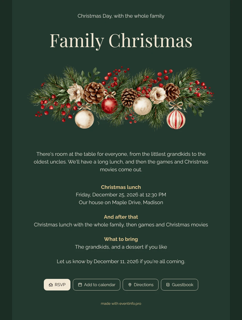 Make a forest green family Christmas invitation &ndash; example 1