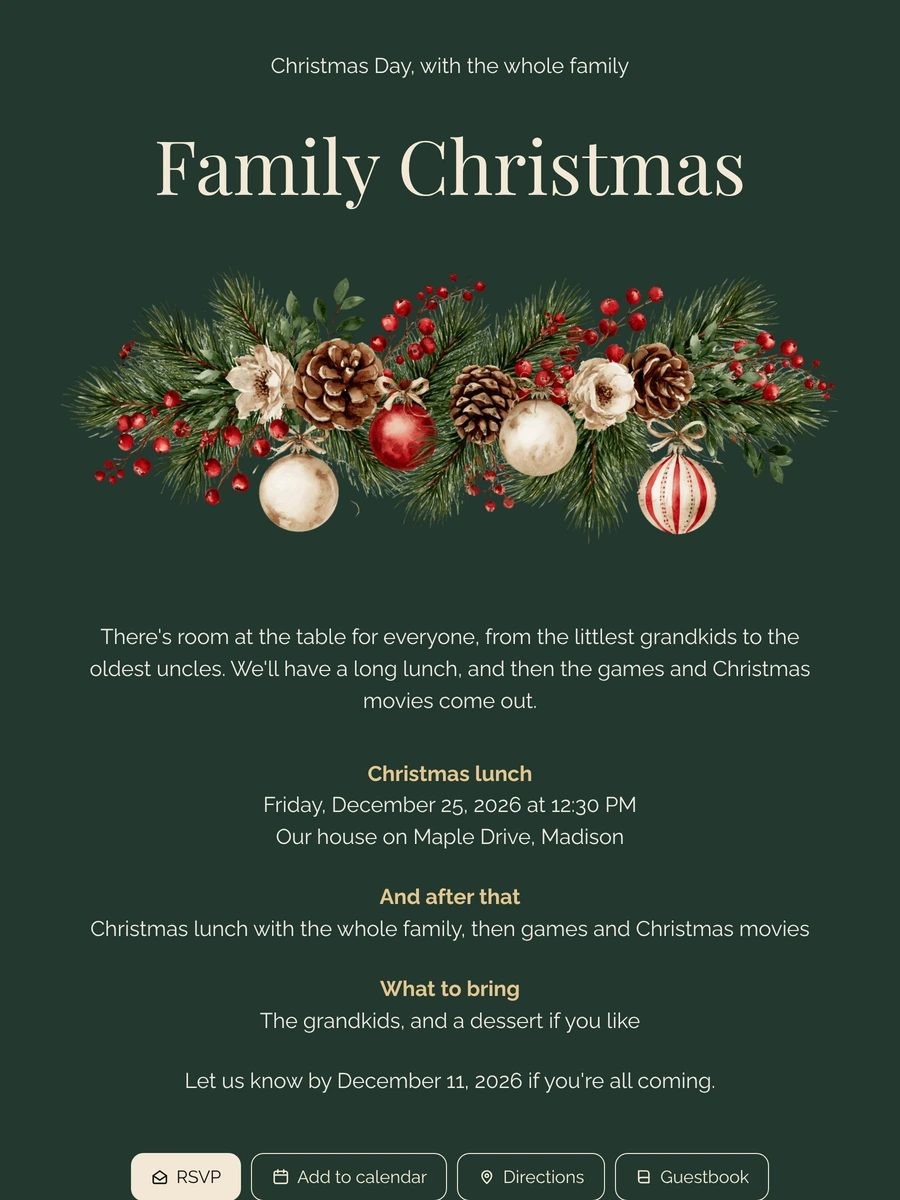 Make a forest green family Christmas invitation