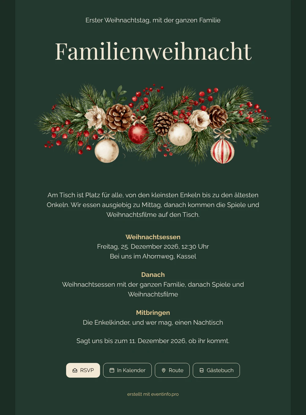 Waldgrüne Weihnachtseinladung für die Familie gestalten &ndash; Beispiel 1