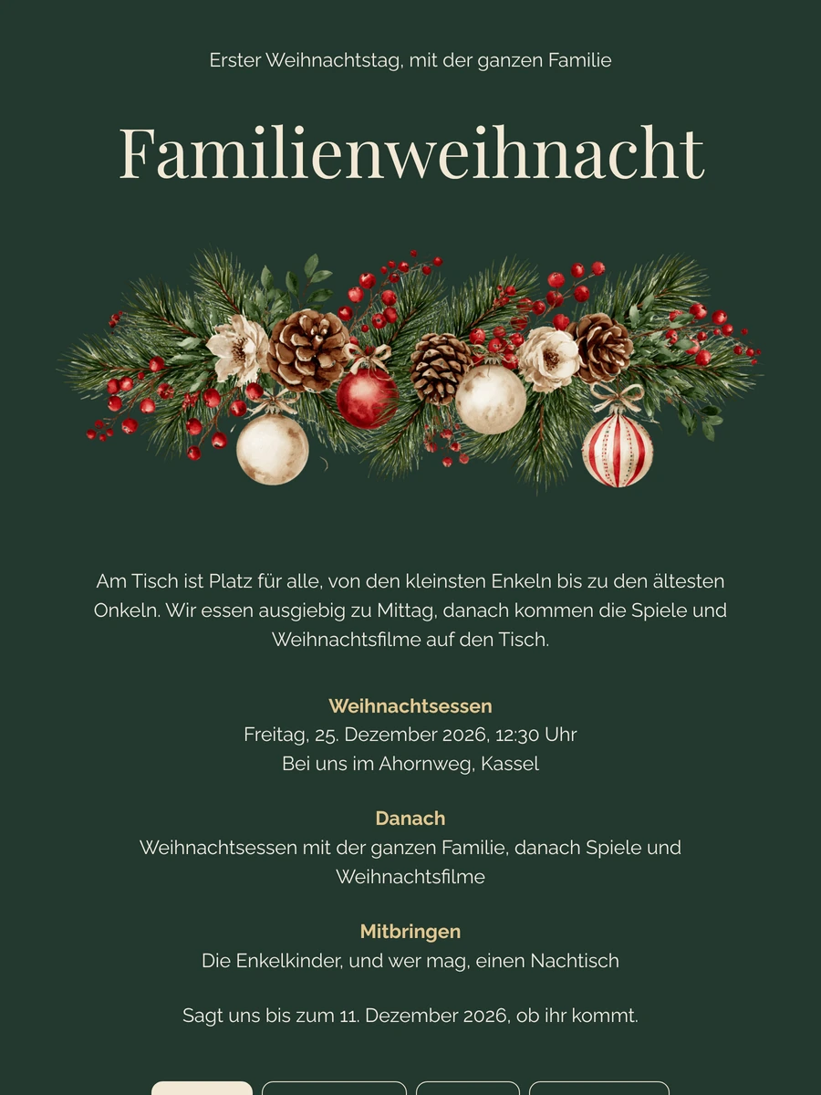 Waldgrüne Weihnachtseinladung für die Familie gestalten