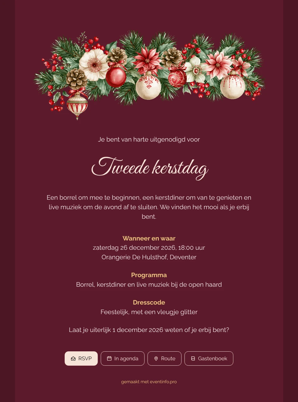 Kerstdineruitnodiging in bordeauxrood maken en versturen &ndash; voorbeeld 1