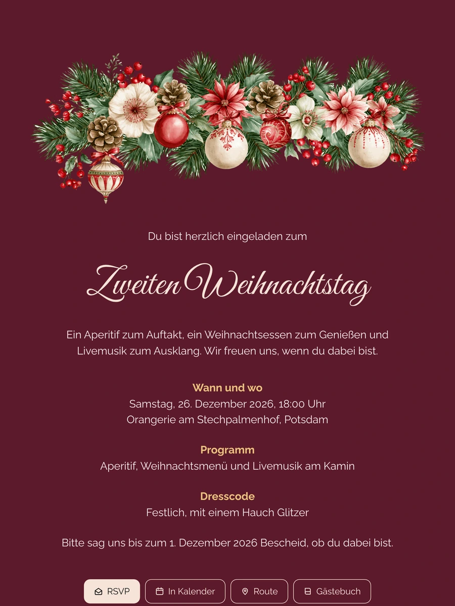 Dunkelrote Weihnachtseinladung für ein Abendessen erstellen