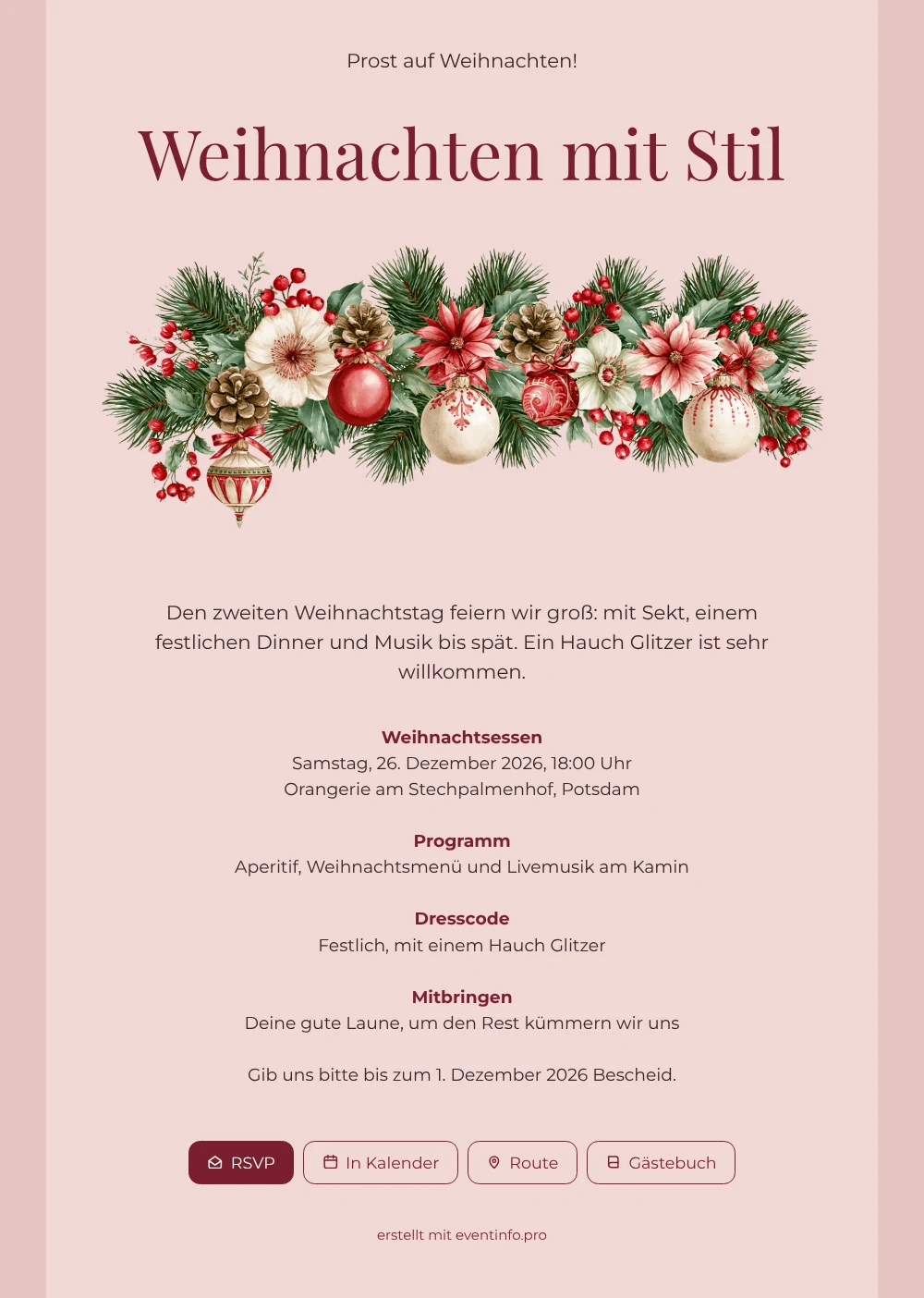 Rosa Weihnachtsdinner-Einladung mit Weihnachtssternen gestalten &ndash; Beispiel 1