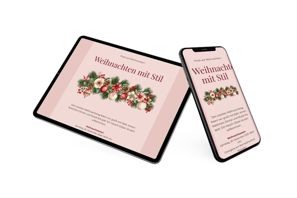 Rosa Weihnachtsdinner-Einladung mit Weihnachtssternen gestalten &ndash; Beispiel 2