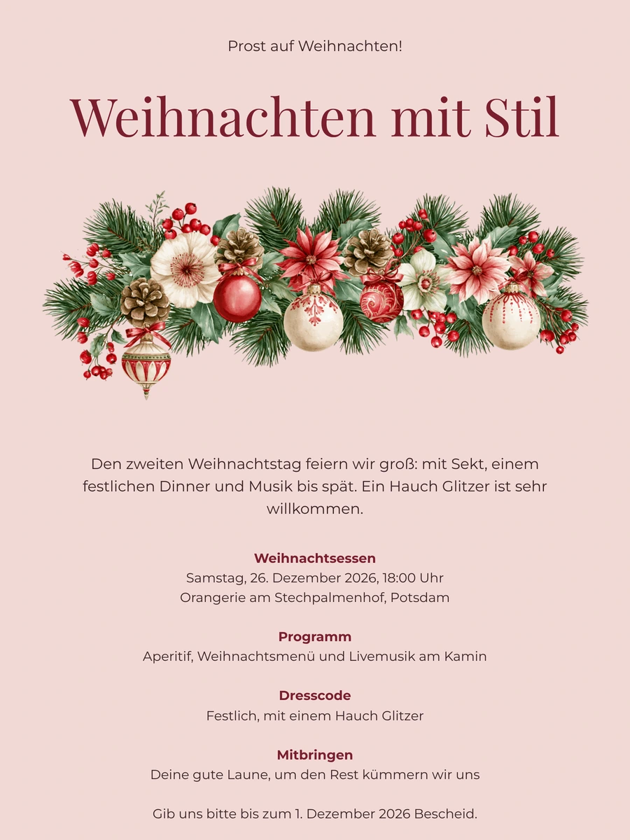 Rosa Weihnachtsdinner-Einladung mit Weihnachtssternen gestalten
