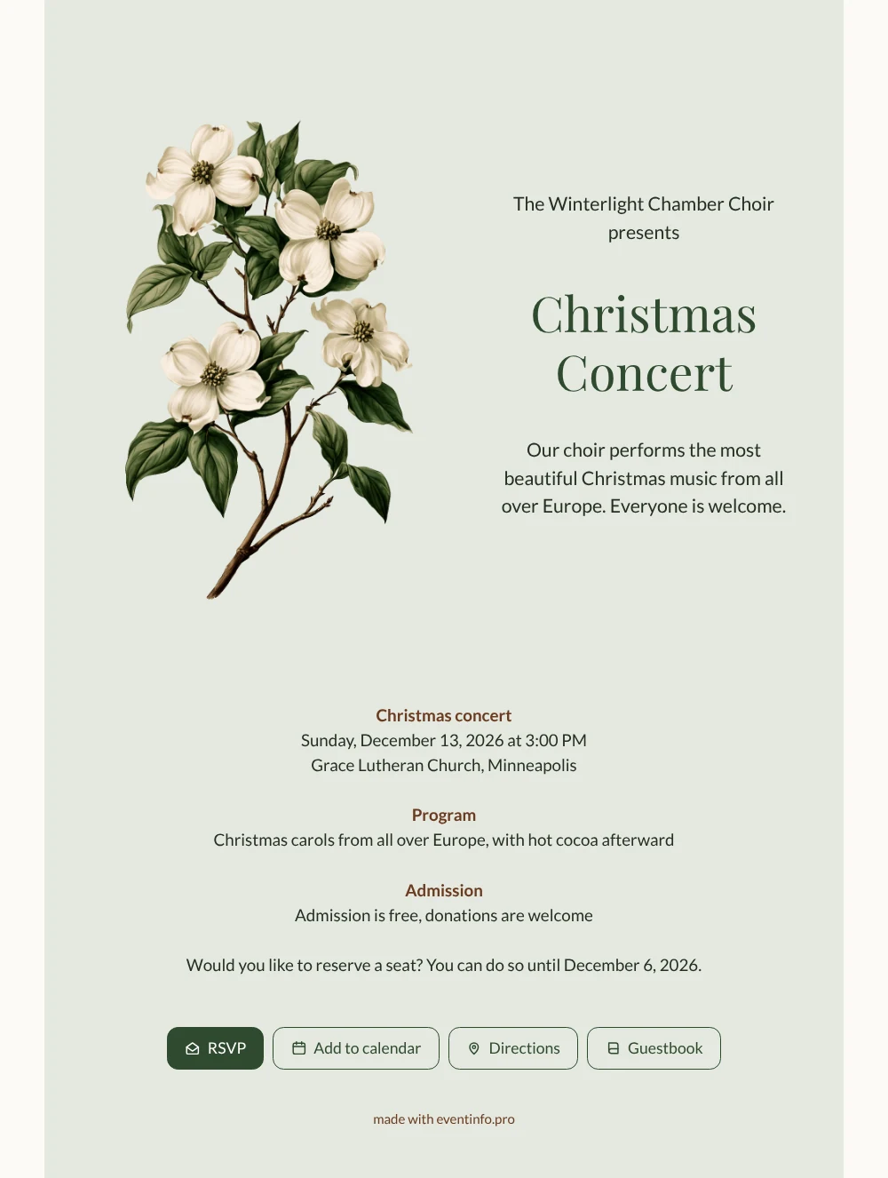 Create a sage green Christmas concert invitation &ndash; example 1