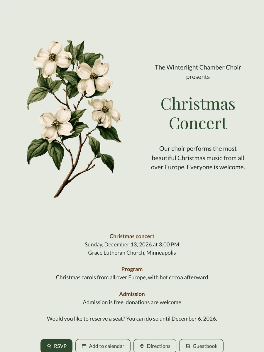 Create a sage green Christmas concert invitation