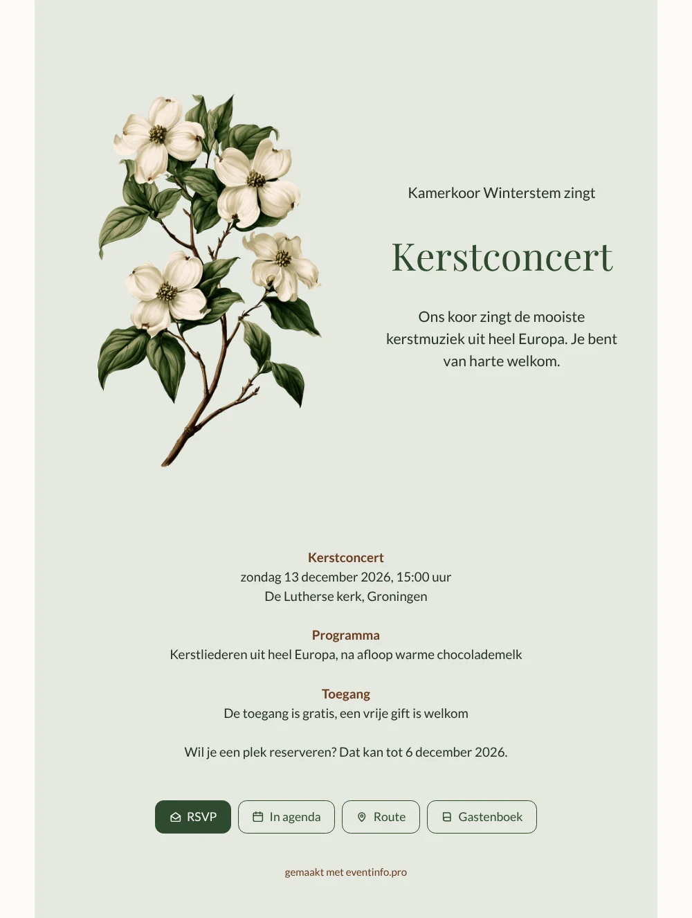 Uitnodiging voor je kerstconcert in saliegroen maken &ndash; voorbeeld 1