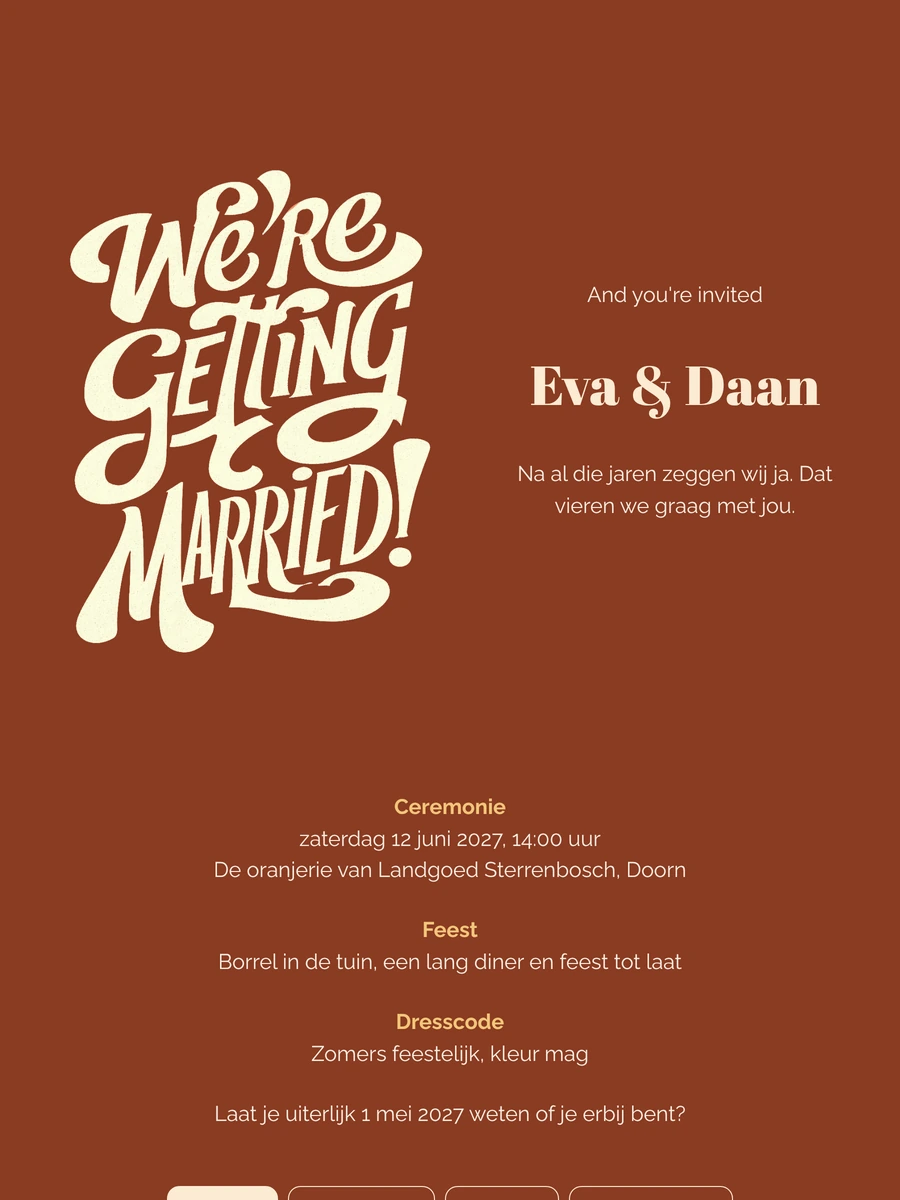 Terracotta trouwkaart met retro belettering