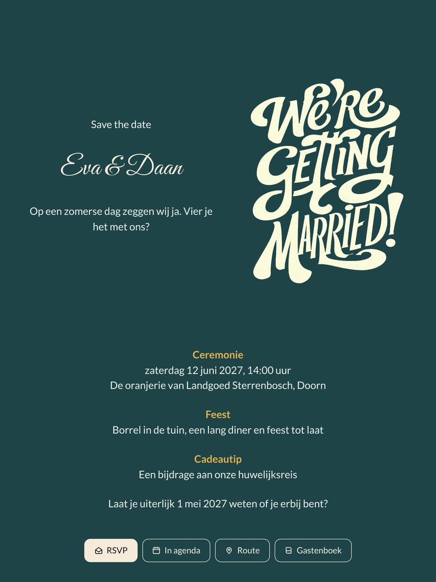 Petrolblauwe trouwkaart met retro belettering