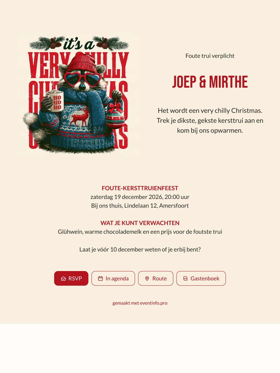 Maak een foute-kersttruienuitnodiging met wasbeer