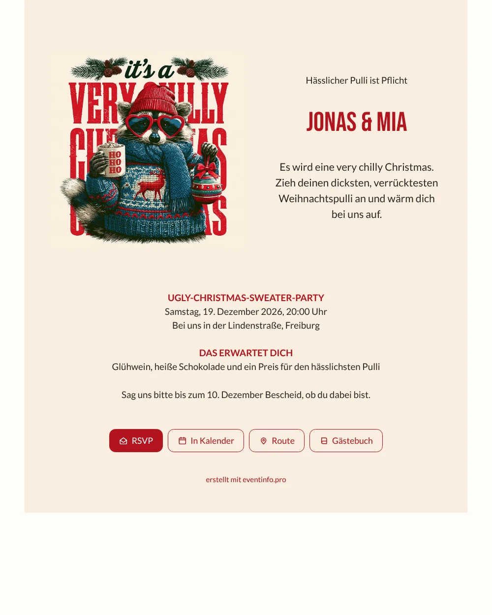 Gestalte eine Ugly-Sweater-Einladung mit Waschbär und Glühwein &ndash; Beispiel 1