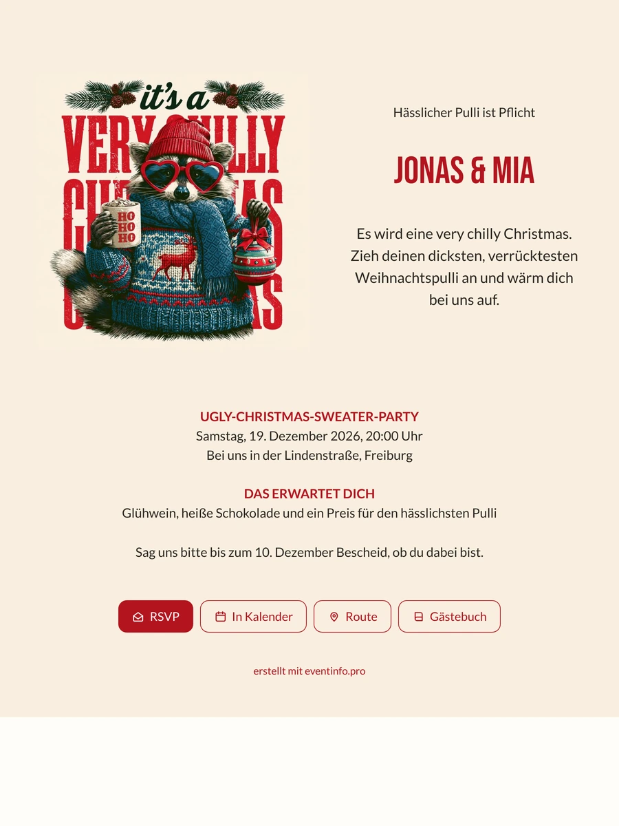 Gestalte eine Ugly-Sweater-Einladung mit Waschbär und Glühwein