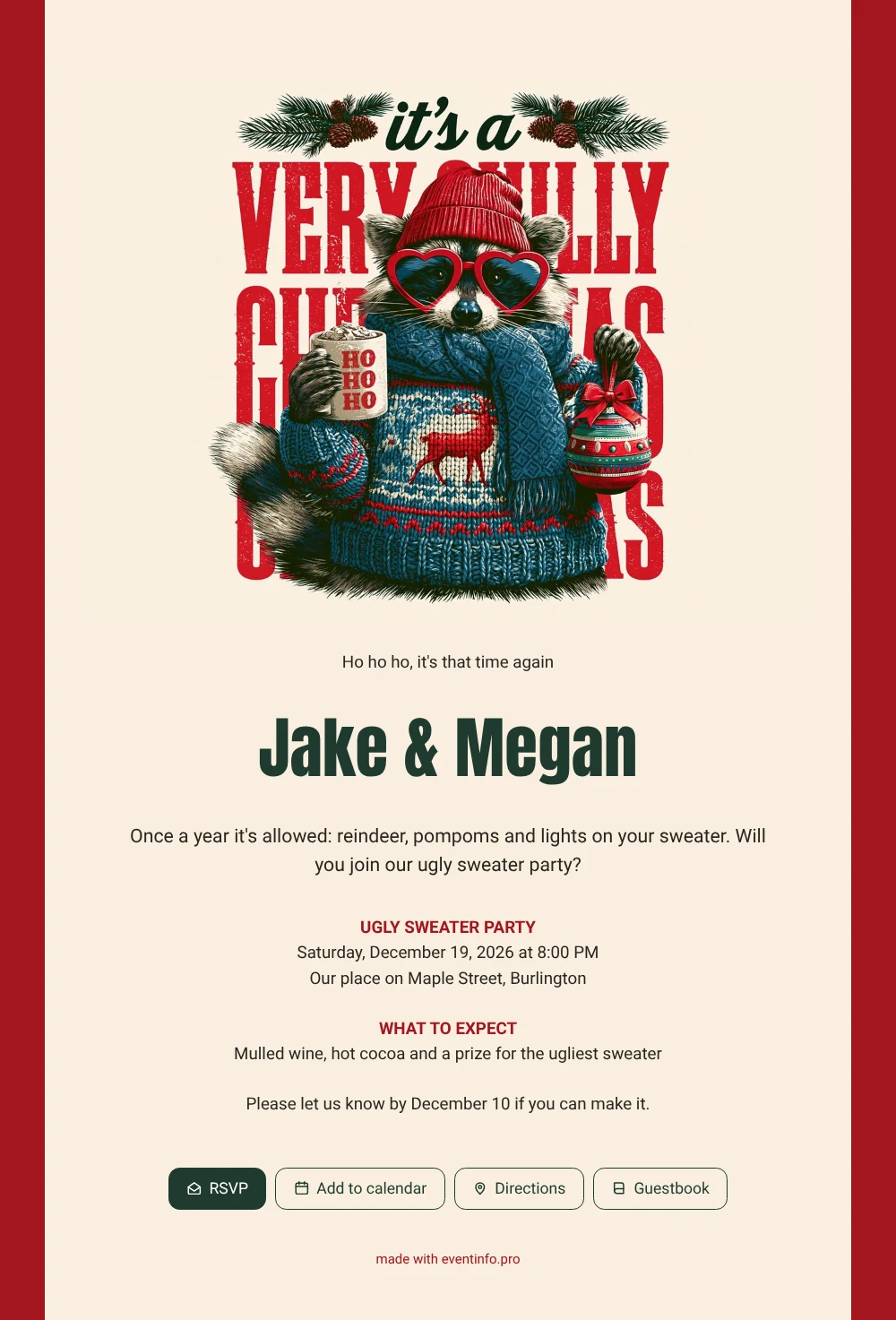 Make a bright red raccoon Christmas invitation &ndash; example 1