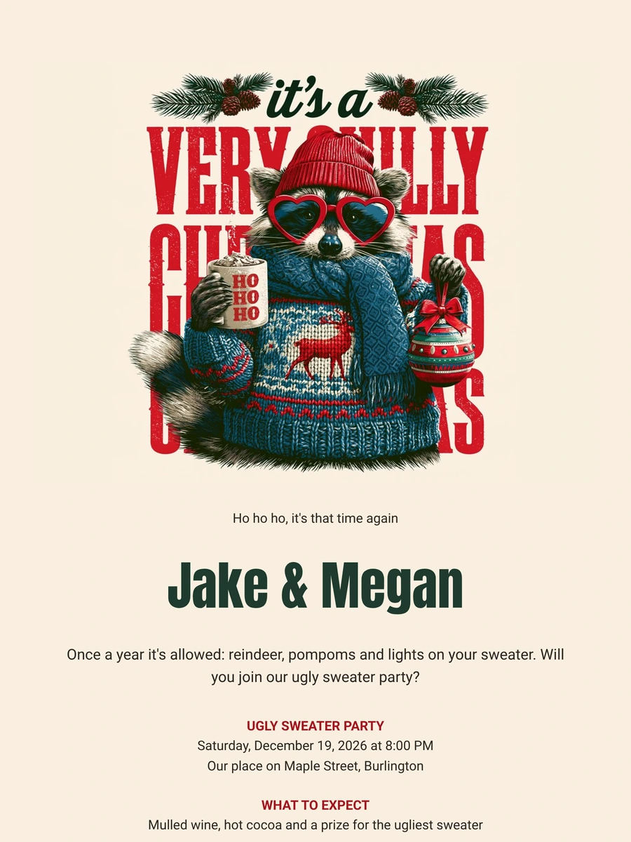 Make a bright red raccoon Christmas invitation
