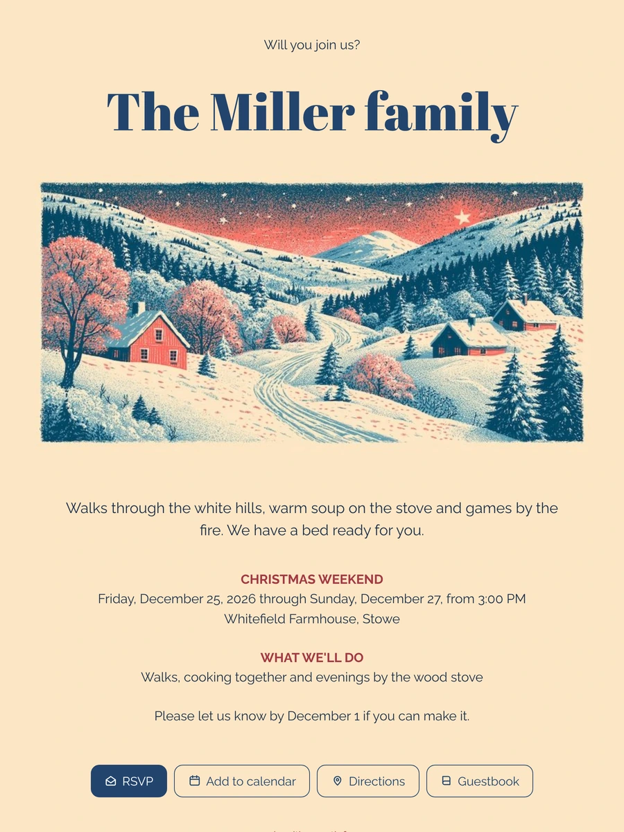 Create a snowy hills Christmas stay invitation