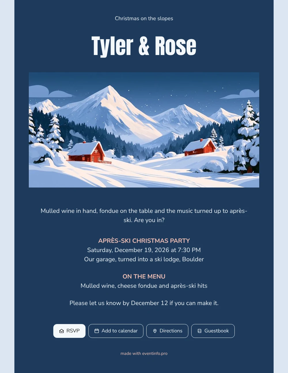 Send a cosy red-chalet Christmas party invitation &ndash; example 1