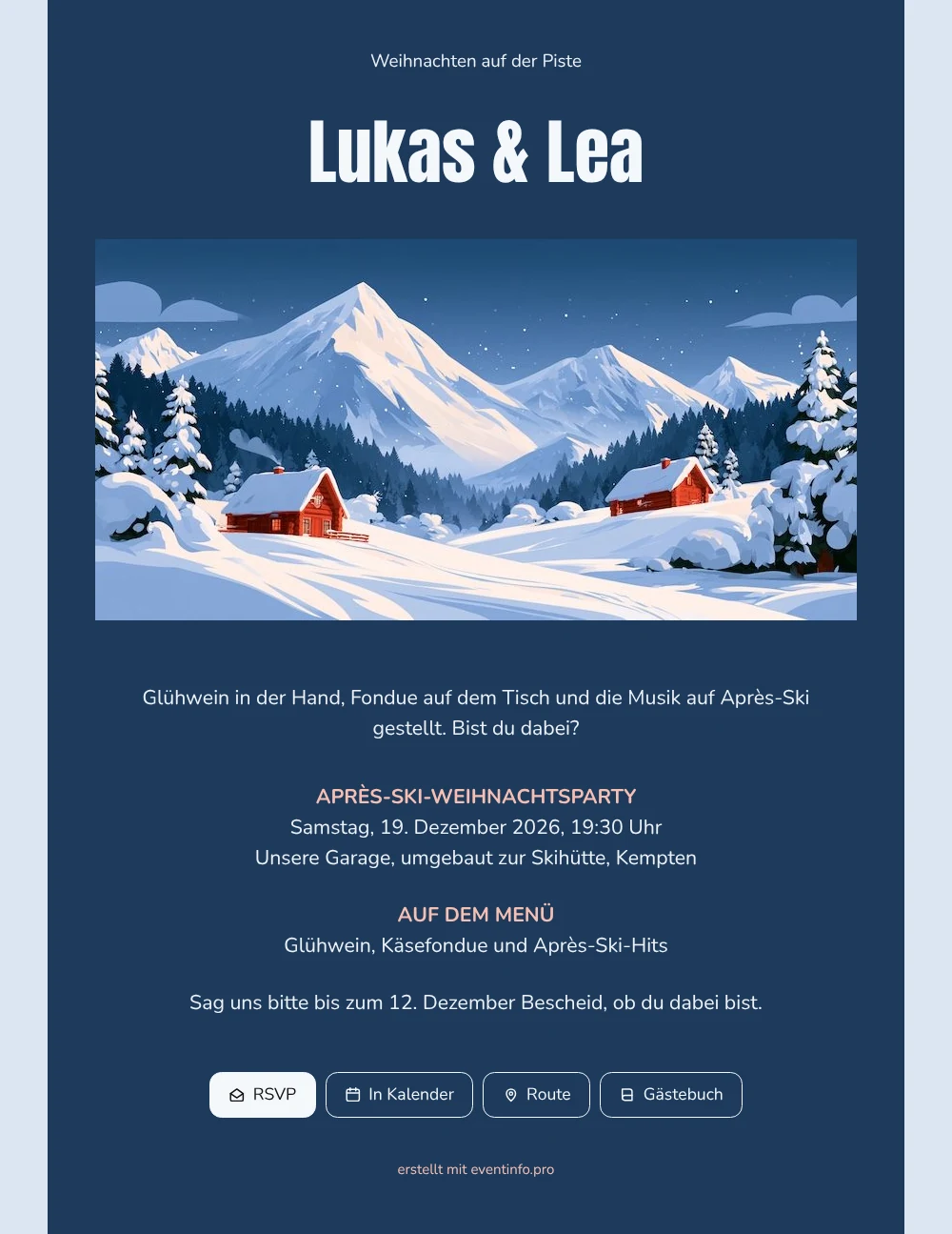 Gemütliche Weihnachtsparty-Einladung im Skihütten-Stil versenden &ndash; Beispiel 1