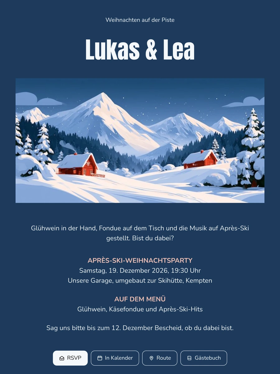 Gemütliche Weihnachtsparty-Einladung im Skihütten-Stil versenden