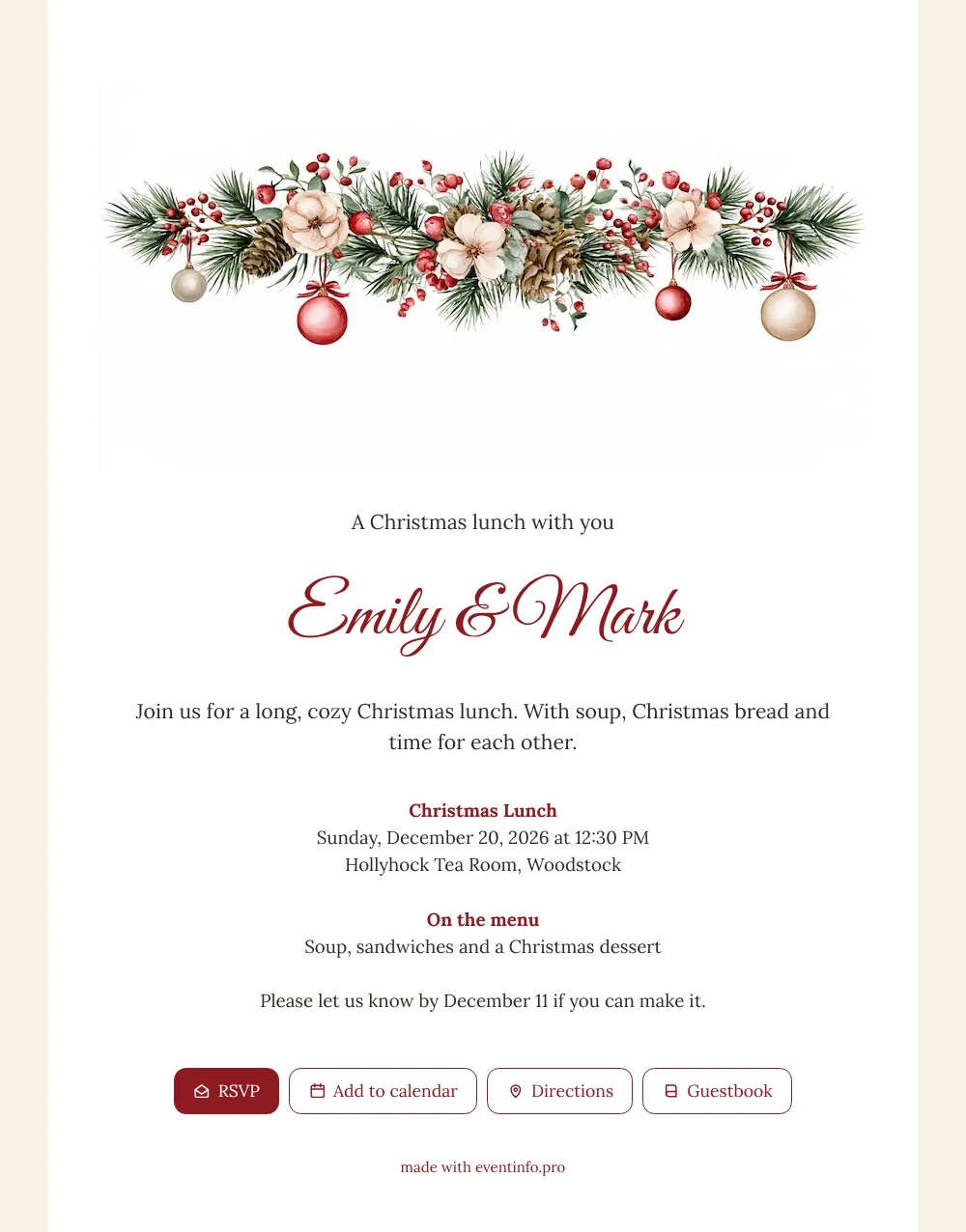 Send a Christmas lunch invitation with berries &ndash; example 1