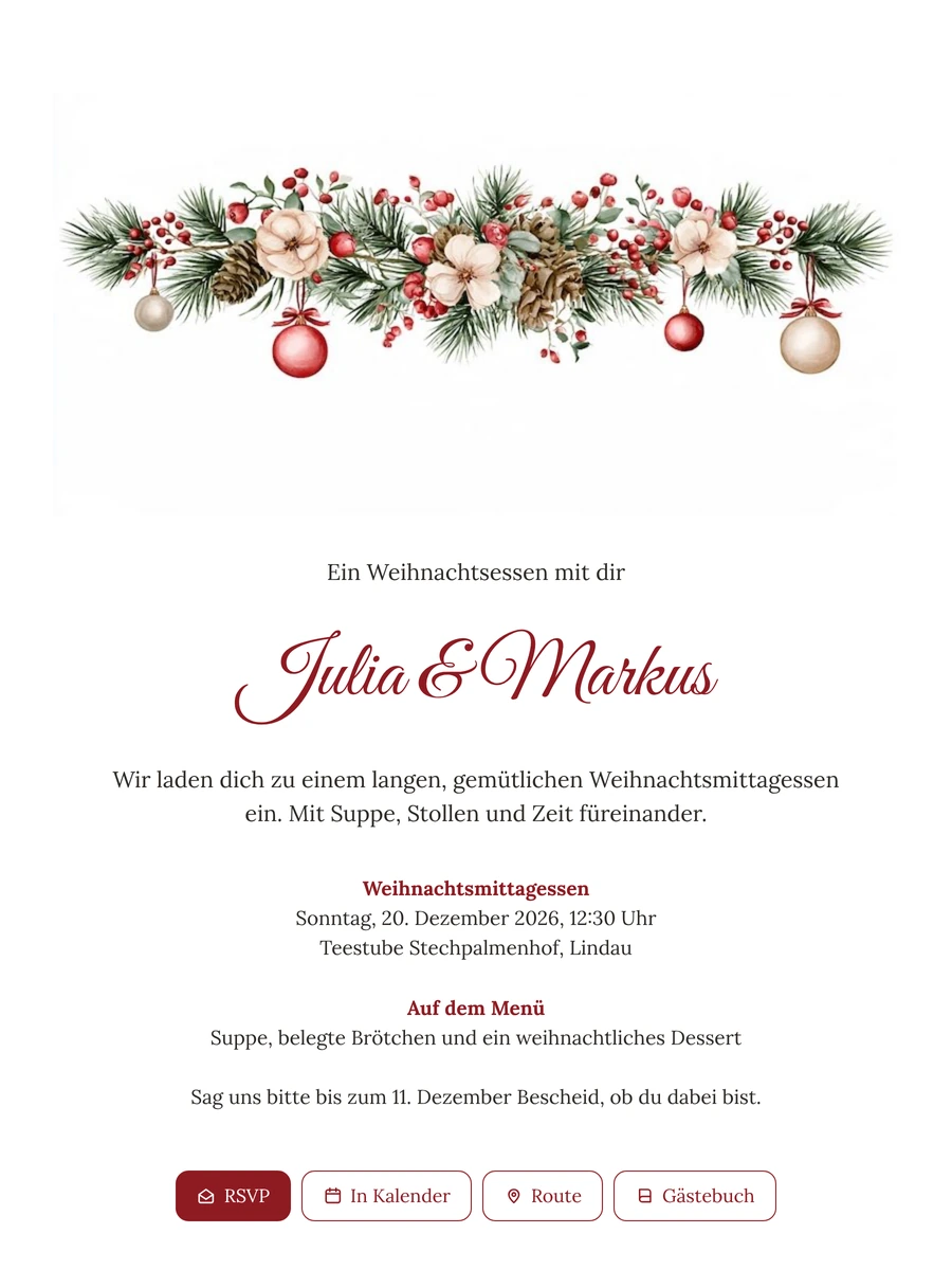 Weihnachtsessen-Einladung mit Tannenzweigen und Kugeln versenden