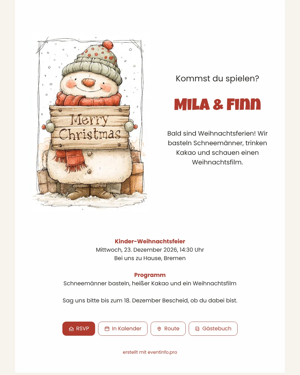 Weihnachtskarte mit Schneemann für Kinder gestalten &ndash; Beispiel 1