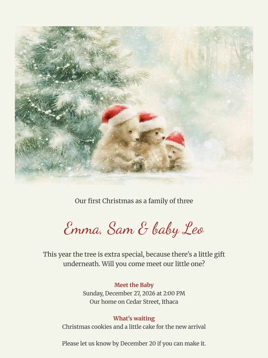 Cosy first-Christmas invitation with bear cubs