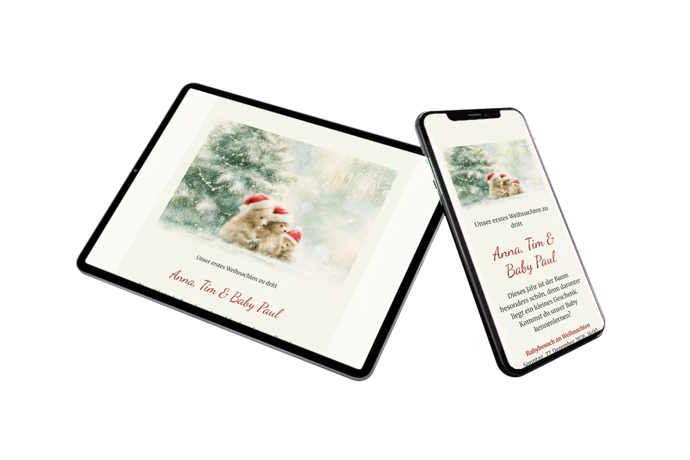 Cremefarbene Weihnachtseinladung mit Bärchen in Nikolausmützen &ndash; Beispiel 2