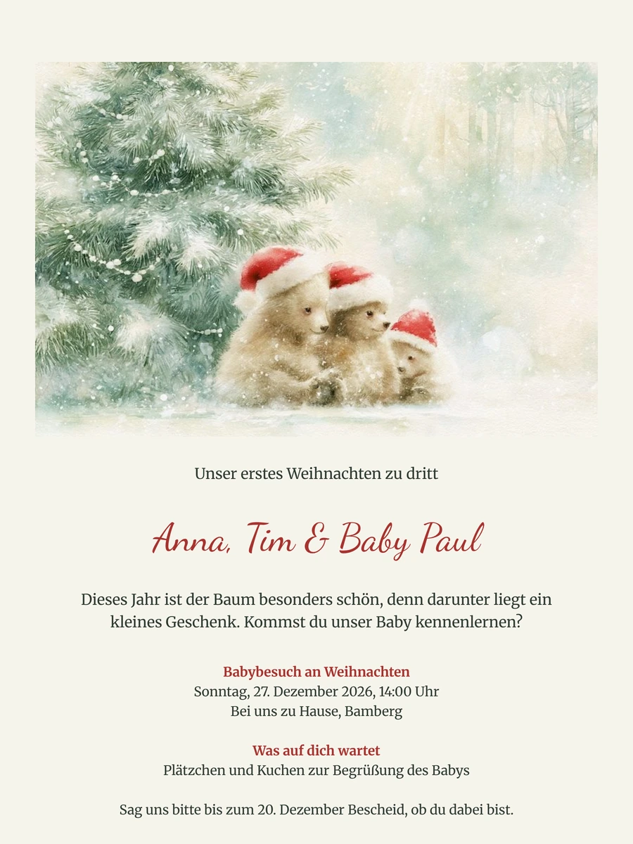 Cremefarbene Weihnachtseinladung mit Bärchen in Nikolausmützen