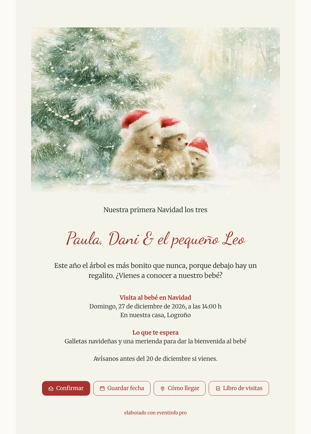 Invitación navideña crema con oseznos nevados &ndash; ejemplo 1