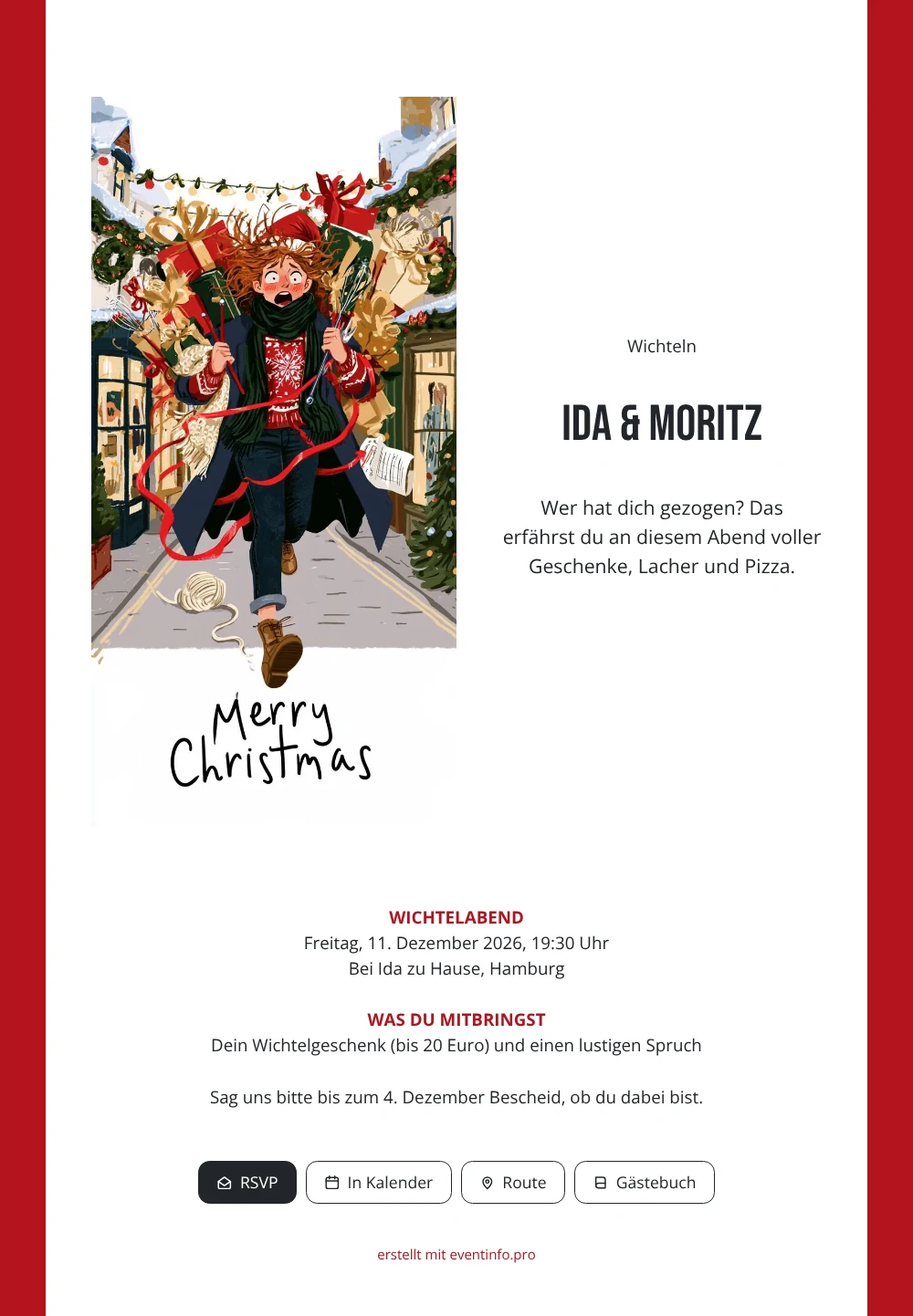 Rot umrandete Weihnachtskarte für den Geschenkeabend &ndash; Beispiel 1