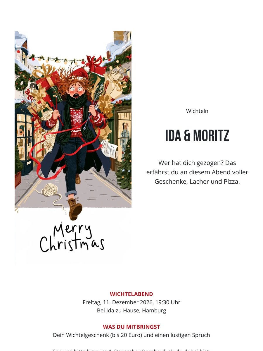 Rot umrandete Weihnachtskarte für den Geschenkeabend