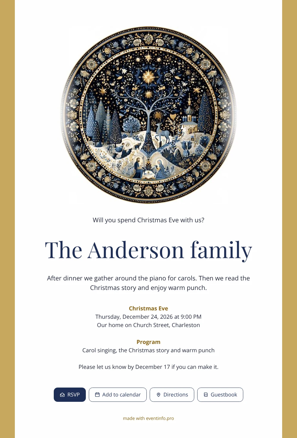 Send a gold-framed nativity invitation &ndash; example 1