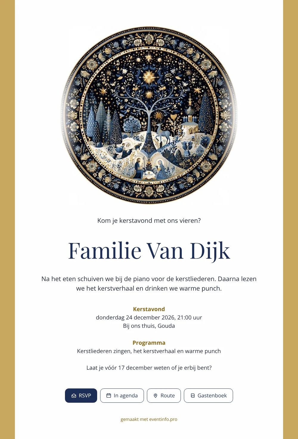 Verstuur deze gouden kerstavondkaart met kerststal &ndash; voorbeeld 1
