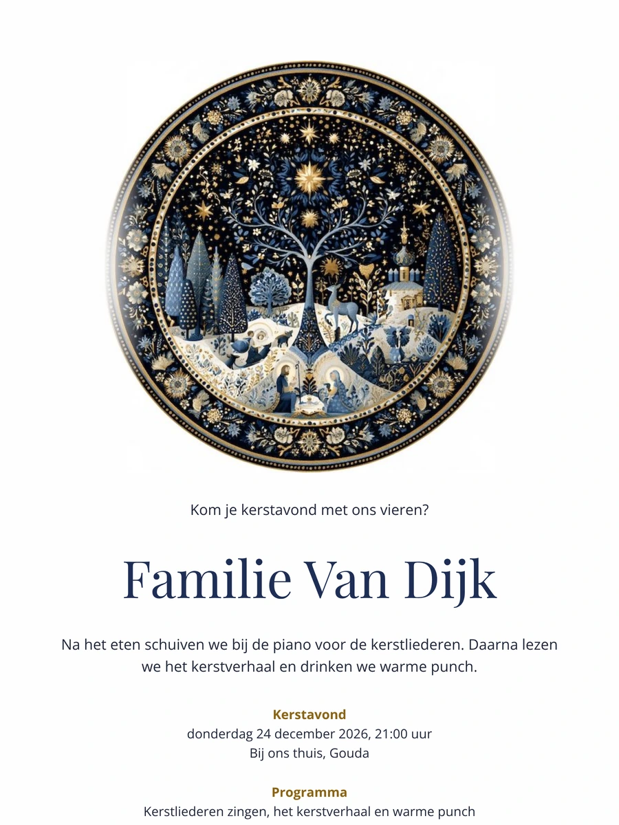 Verstuur deze gouden kerstavondkaart met kerststal