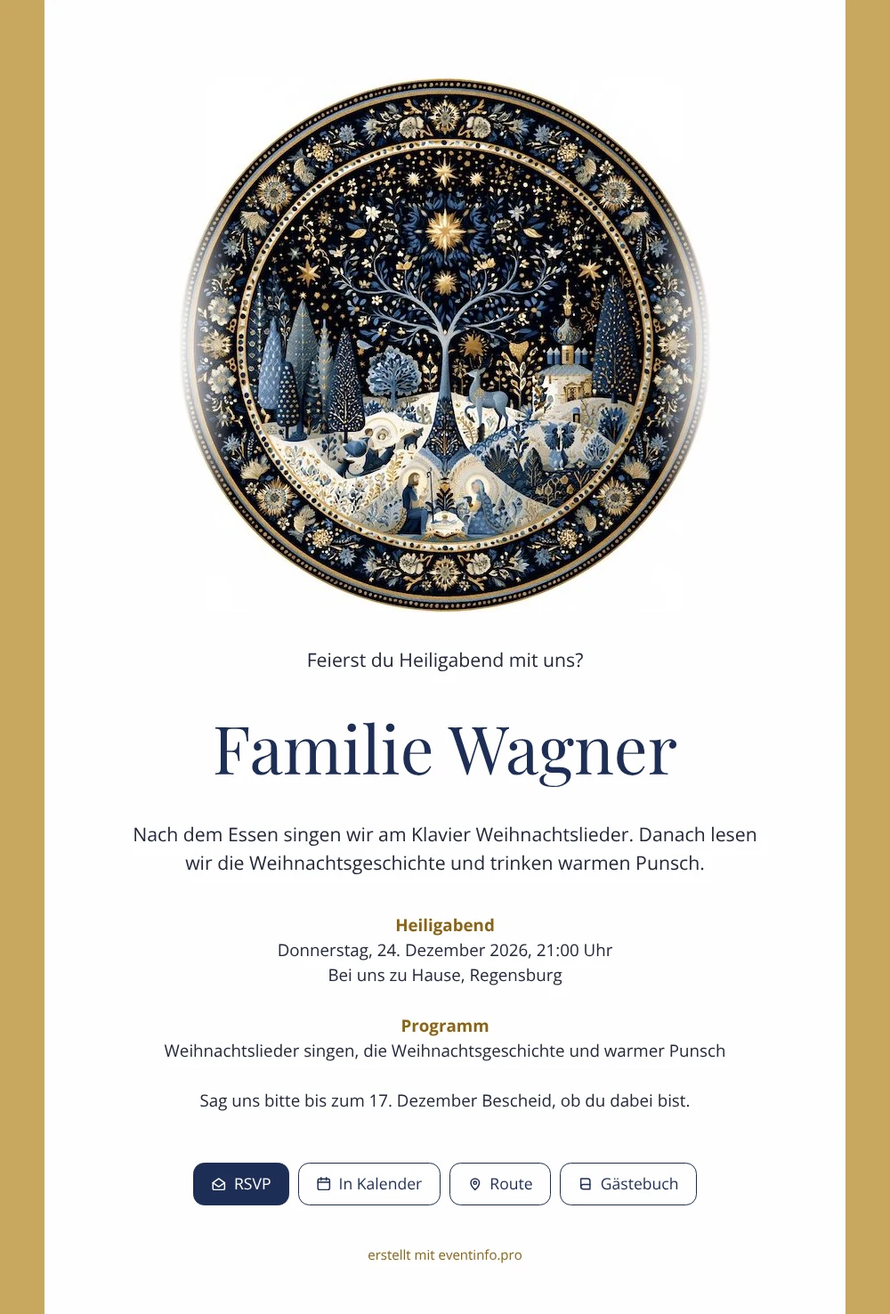 Goldumrahmte Weihnachtskarte mit Krippe versenden &ndash; Beispiel 1