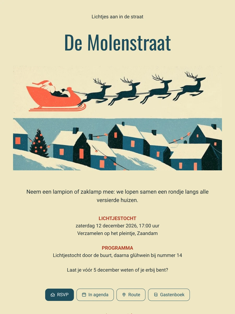 Verstuur deze kerstkaart met rendieren en sneeuwhuisjes