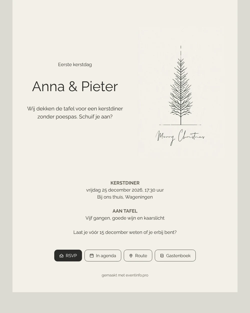 Verstuur een sobere dinerkaart met handgeschreven kerstgroet &ndash; voorbeeld 1