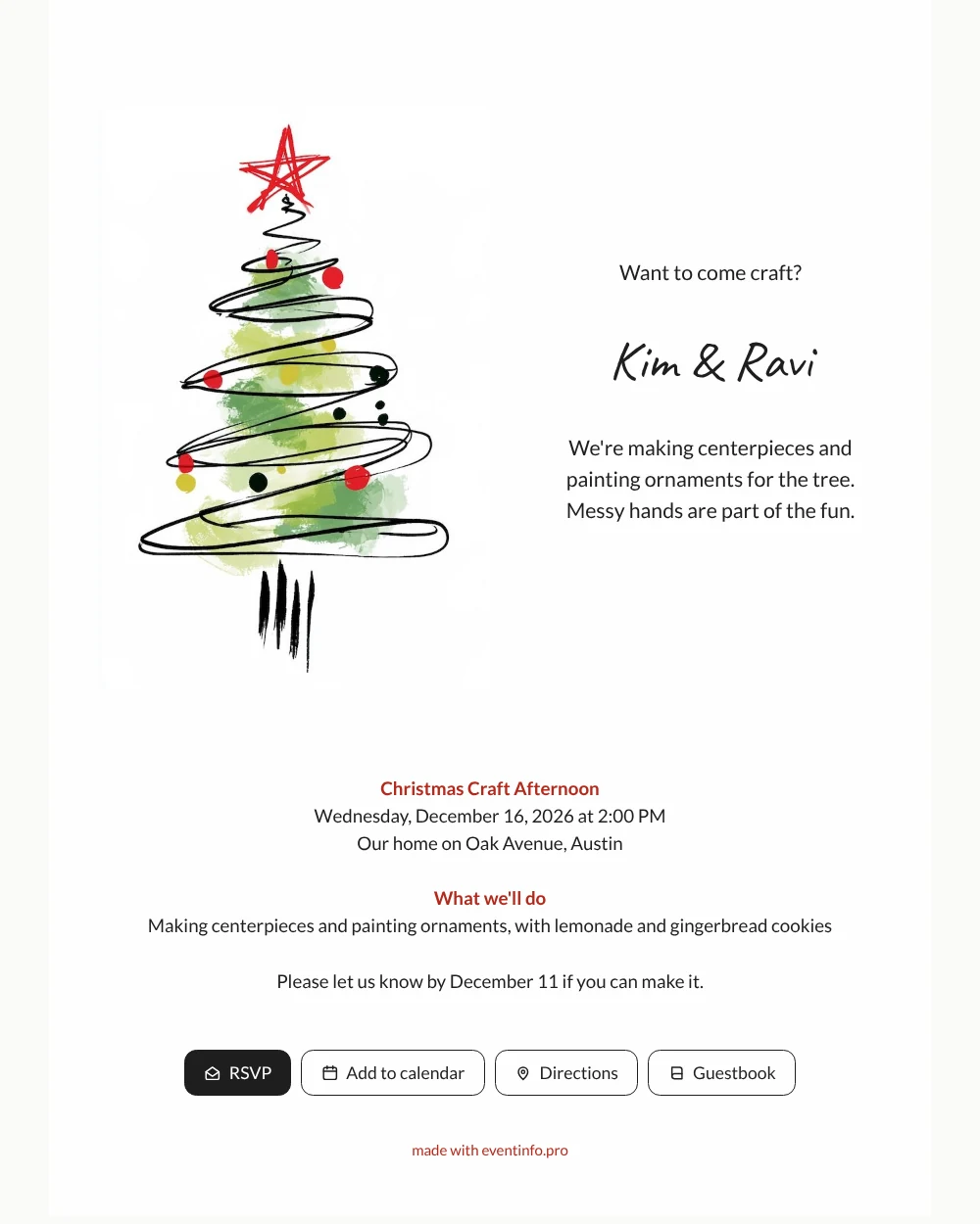Send a watercolour-green scribble tree invitation &ndash; example 1