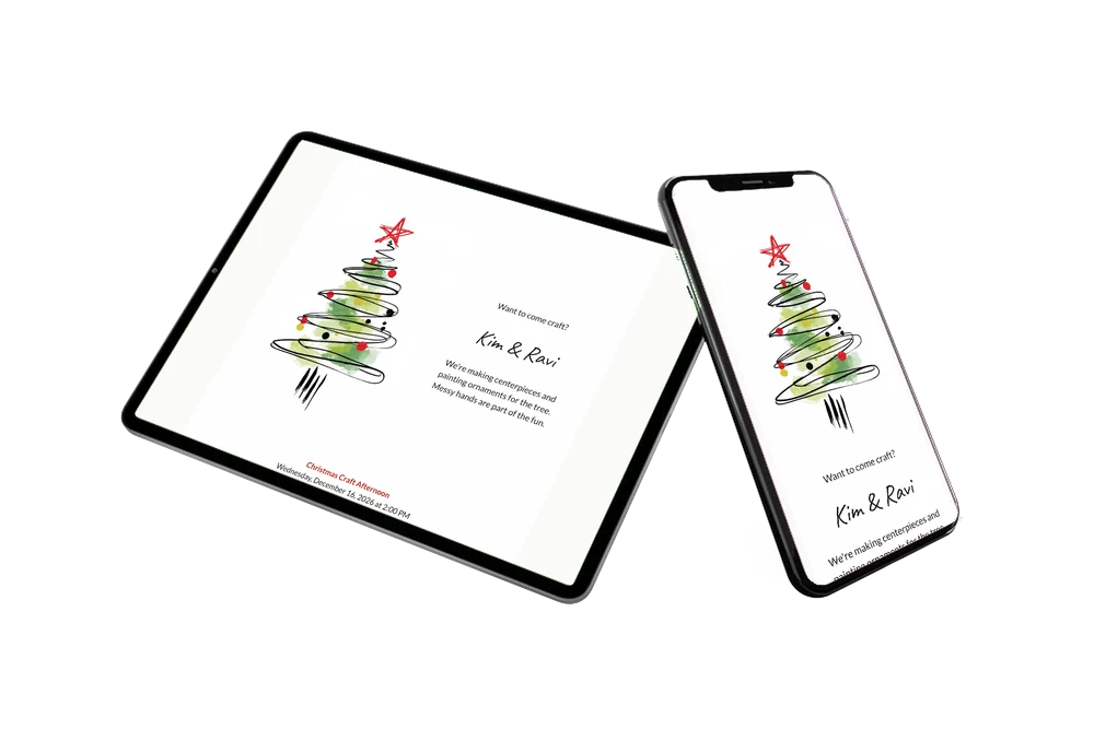 Send a watercolour-green scribble tree invitation &ndash; example 2